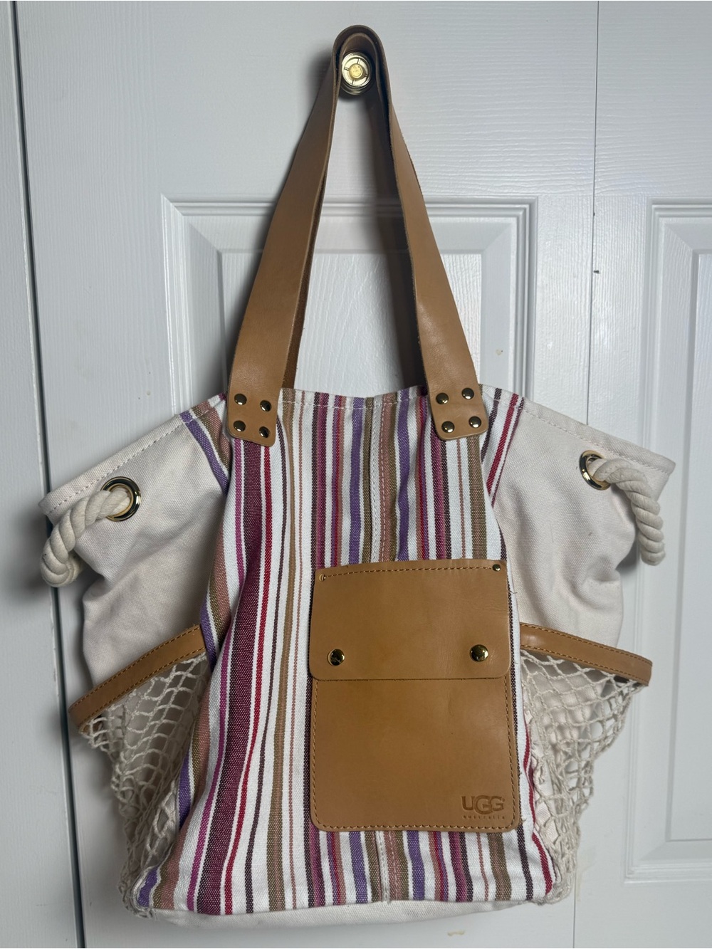 UGG Australia Striped Canvas Tote Bag Leather Rope Net Beach Boho Y2K Purse